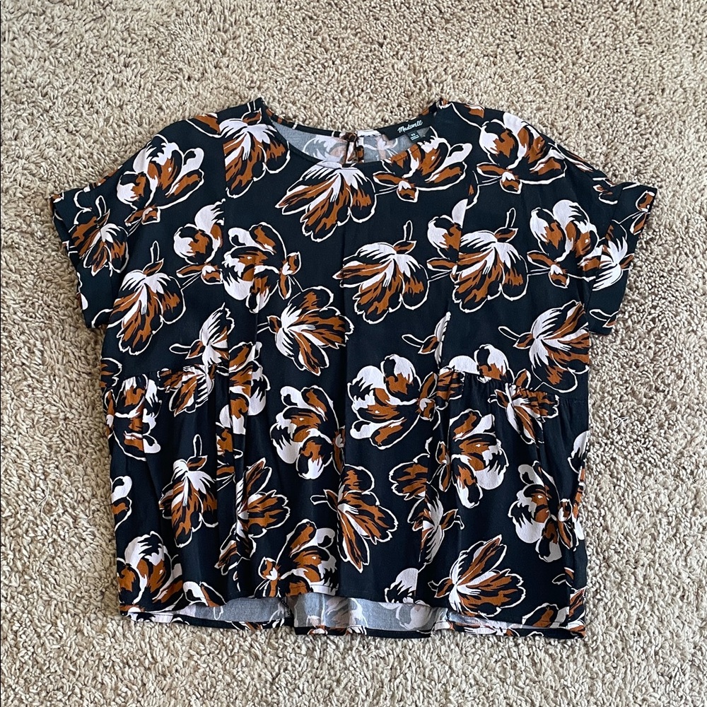 Madewell Black and Orange Floral Blouse
